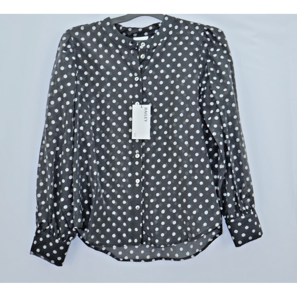 Bailey 44 Womens Top Sz M Gray Polka Dot Button Up Semi Sheer Puff Shoulder NEW